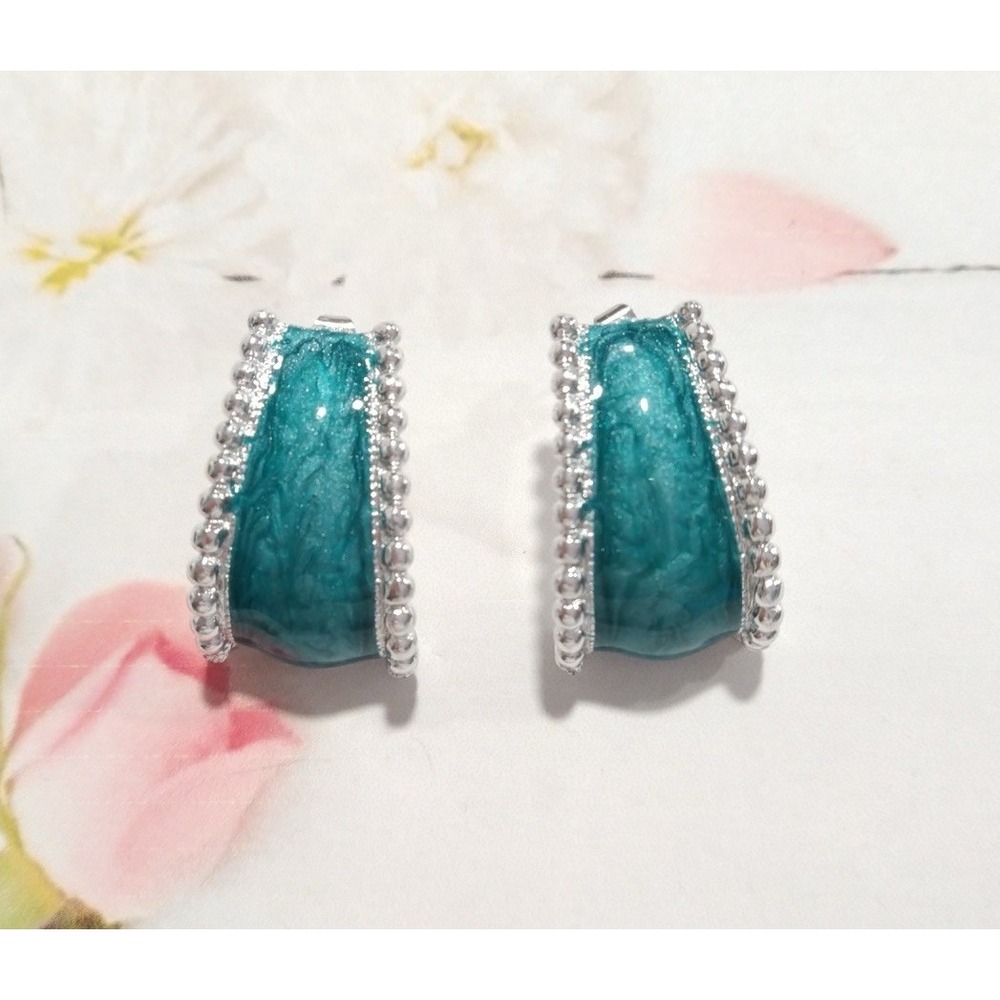 Vintage Blue Marbled Half Hoop Stud Earrings Enamel Retro 80s Statement EC2